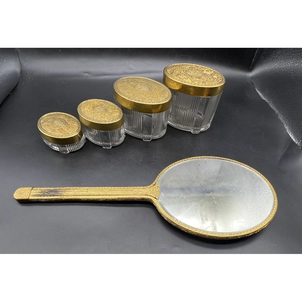 Vintage 1930s SWEETHEART BEAUTYWARE Vanity Dresser SET 4 Jars & Hand Mirror